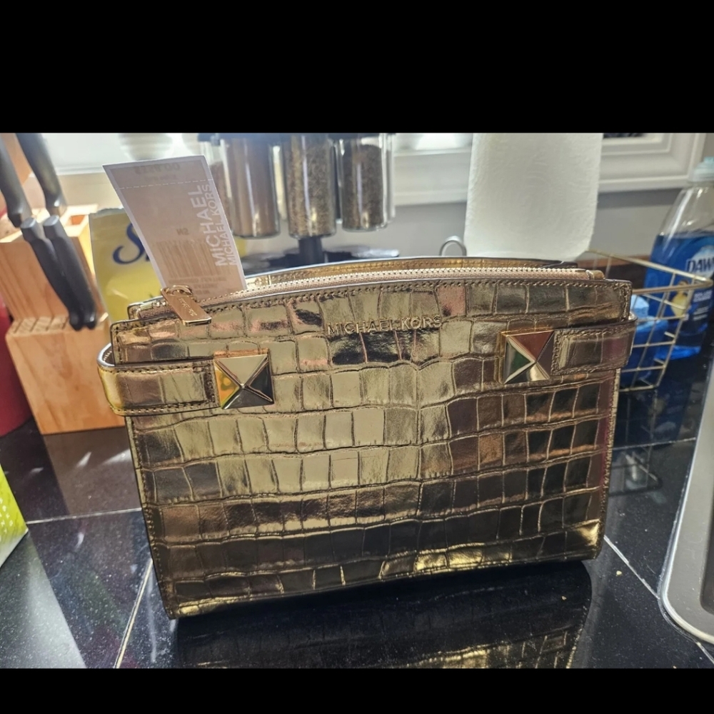 Karla Michael Kors Purse Gold Satchel Embossed Leather NWT